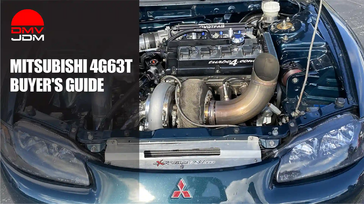 Mitsubishi 4G63T turbocharged engine in a blue Mitsubishi car for an engine buyer's guide.