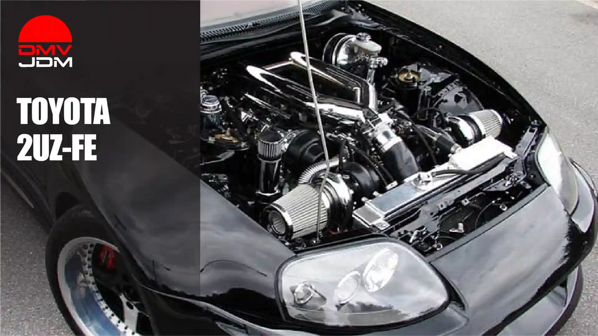 Modified Toyota 2UZ-FE engine bay in a silver car.